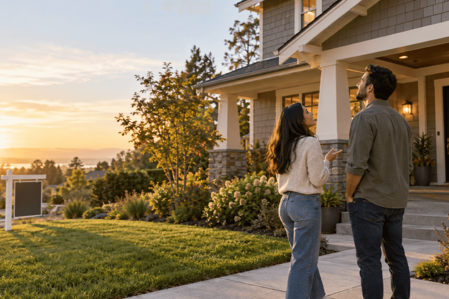 A couple on the front walk of a craftsman-style home for sale