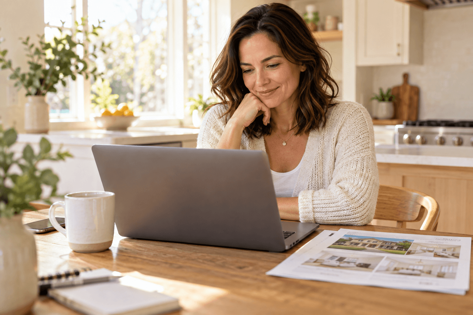 A woman at a kitchen table reviewing an inspection report on her laptop