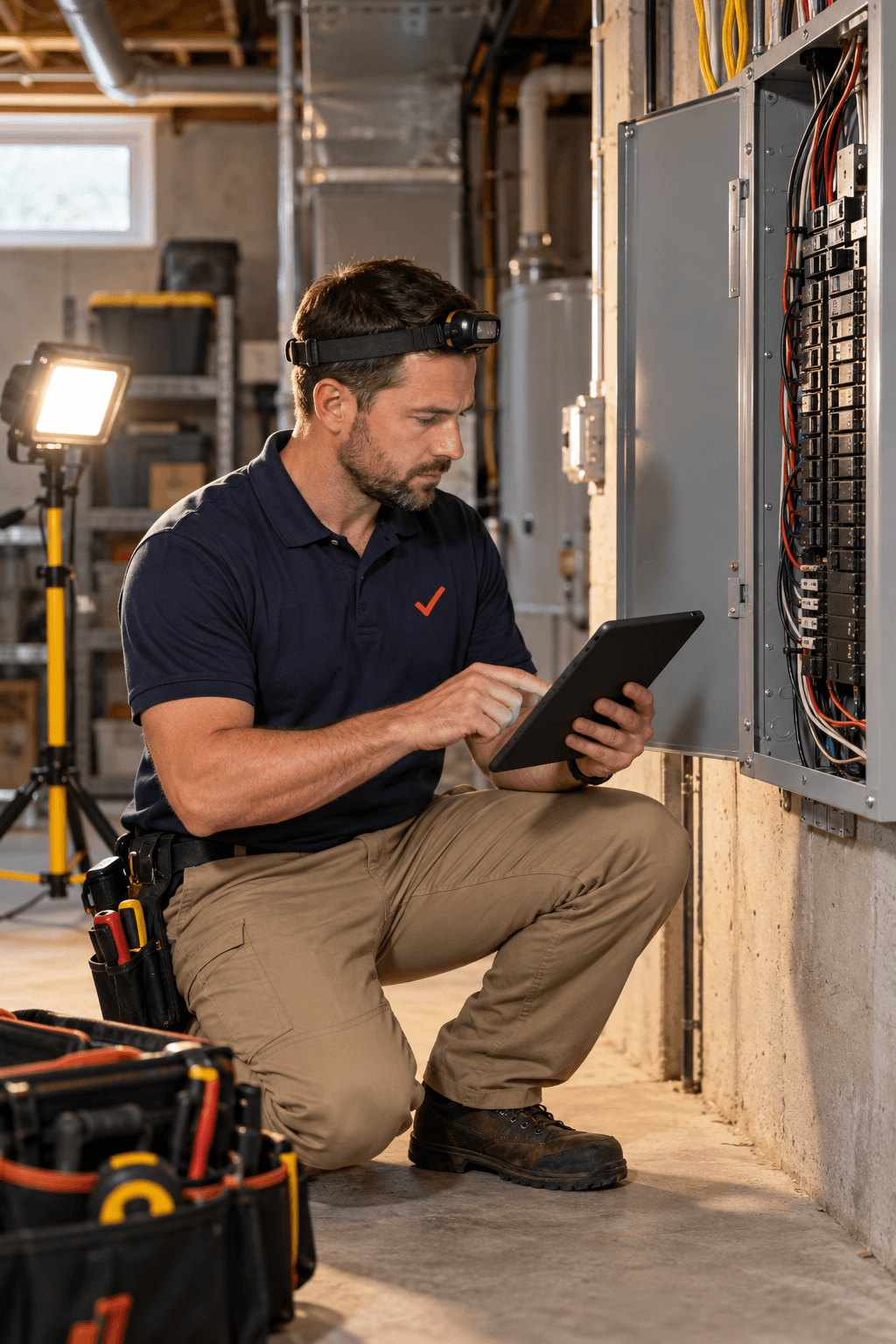 A home inspector kneeling at an electrical panel and checking a tablet