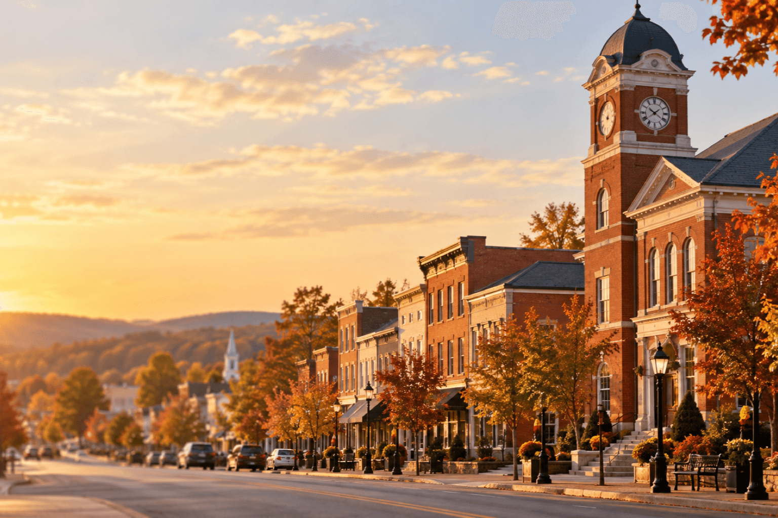 A small-town main street with a brick town hall and clock tower at golden hour