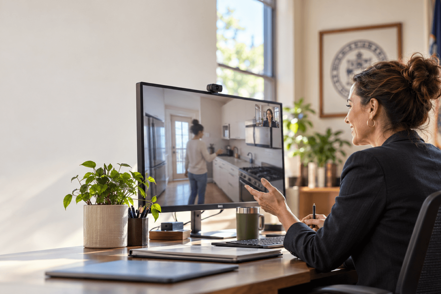 A municipal housing officer in a live video Tele-Inspect session at a desk