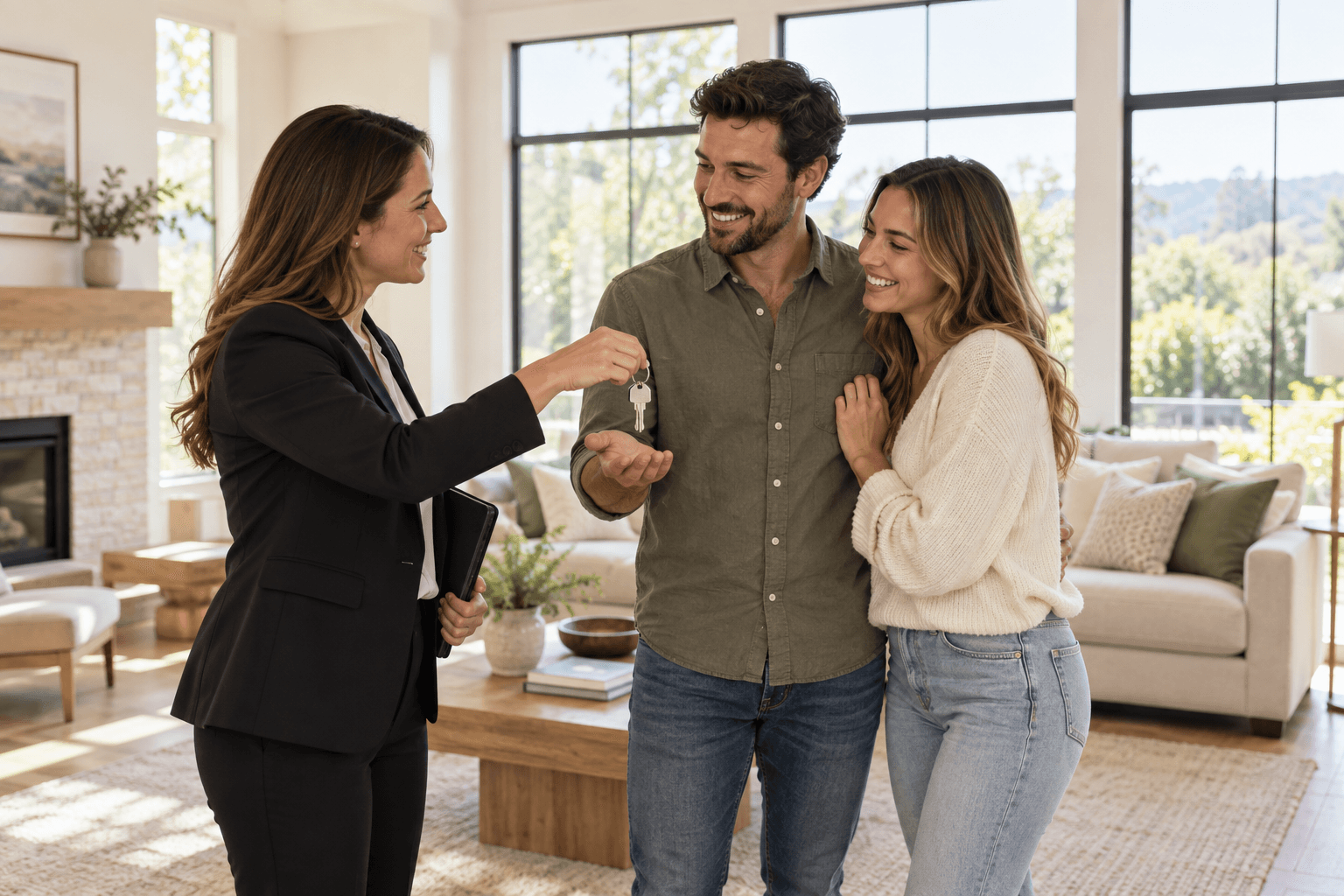 A real estate agent handing house keys to first-time buyers