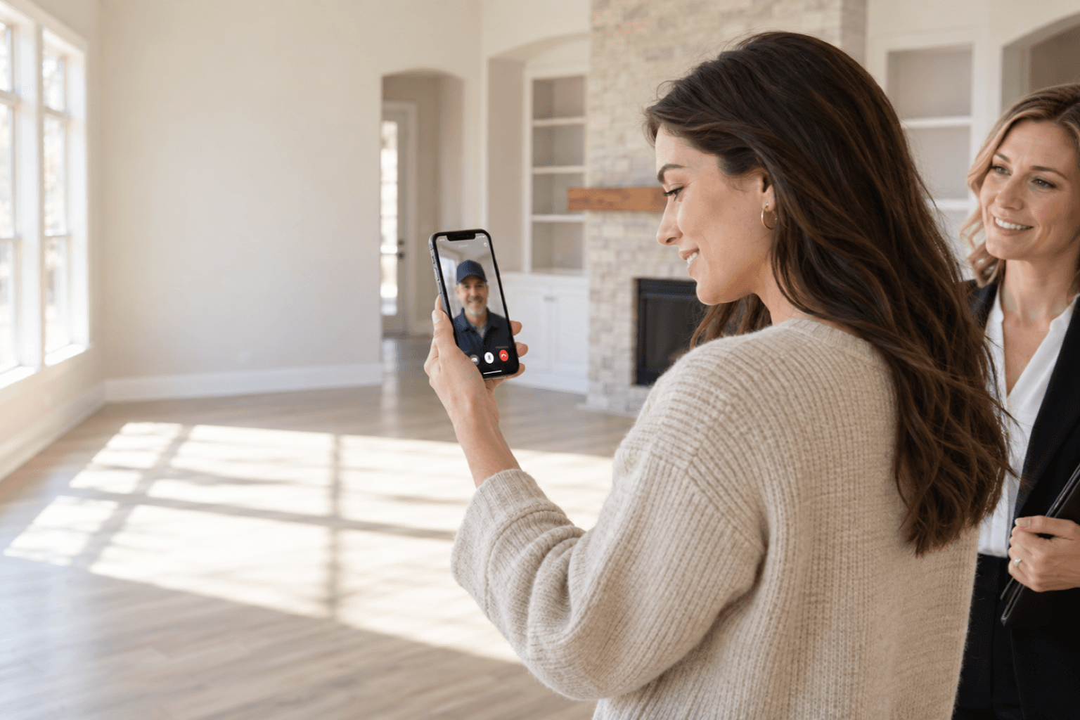 A buyer on a live video call with an inspector in an empty living room, with her real estate agent beside her