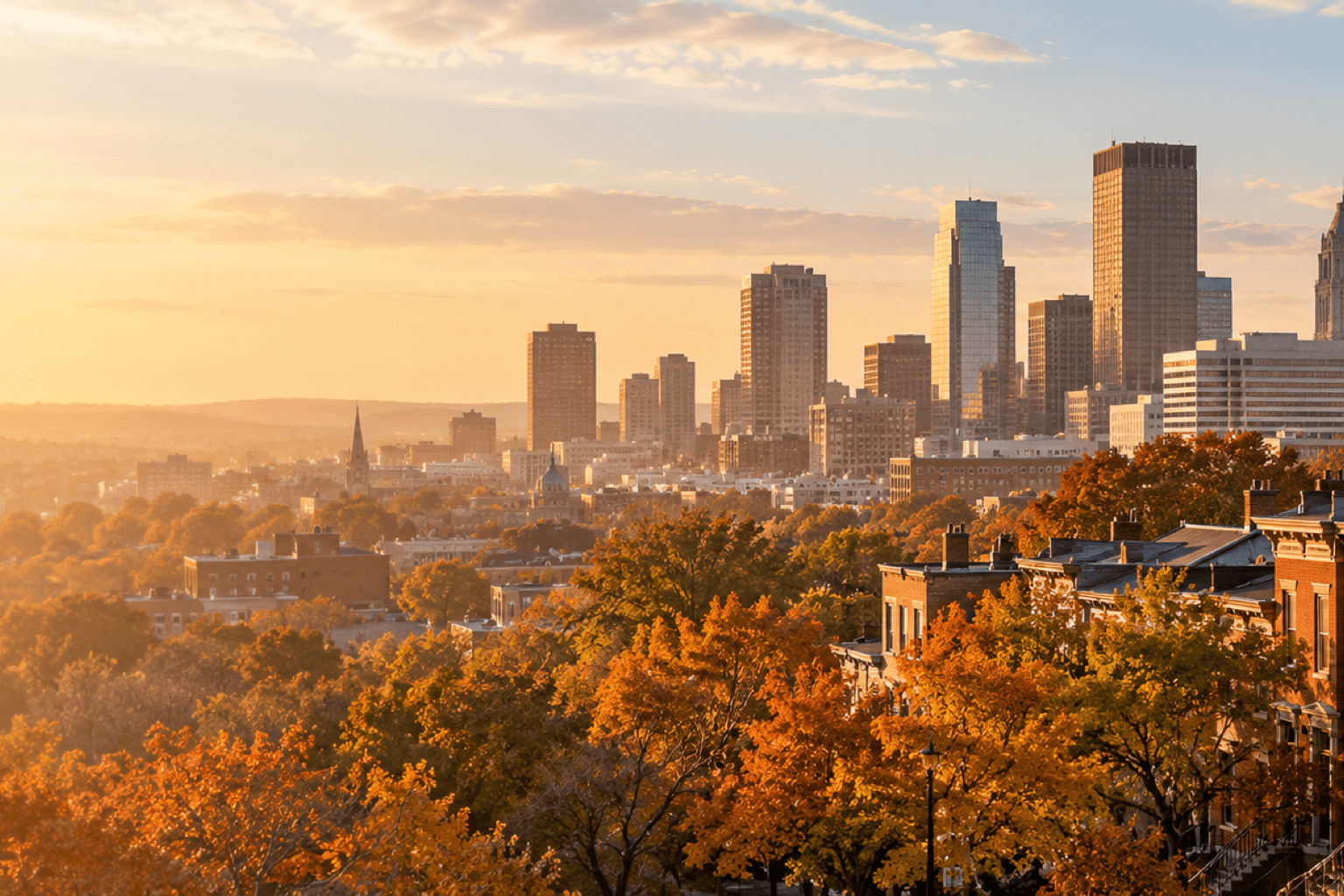 Brick rowhouses and autumn trees in front of a city skyline at golden hour
